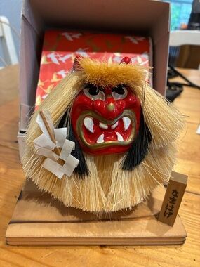 Handmade Japanese Namahage Mask Ornament - Red and Natural Straw